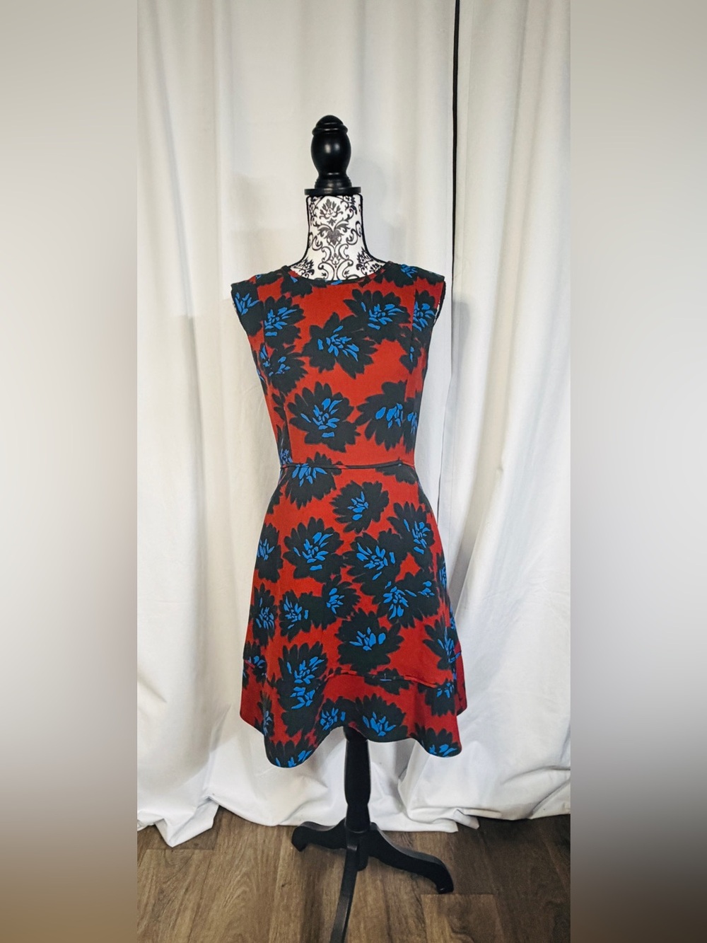 J. Crew Red Dress with Blue and Black Floral Print